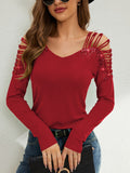 Rhinestone Cutout Long Sleeve T-Shirt