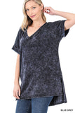 MINERAL WASH ROLLED SHORT SLEEVE V NECK TOP