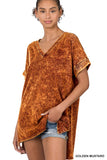 MINERAL WASH ROLLED SHORT SLEEVE V NECK TOP