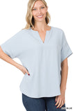 WOVEN SPAN SPLIT NECK SHORT SLEEVE TOP