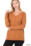 HI LOW GARMENT DYED V NECK FRONT SEAM SWEATER