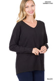 HI LOW GARMENT DYED V NECK FRONT SEAM SWEATER