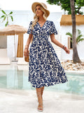 Printed Surplice Short Sleeve Midi Dress