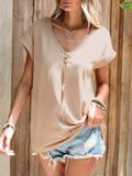 Decorative Button V-Neck Short Sleeve T-Shirt