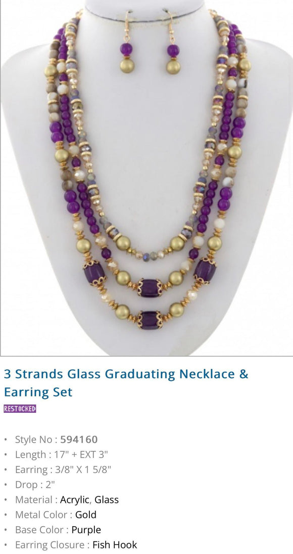 3 Strands Glass Graduating Necklace & Earring Set