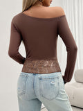 Single Shoulder Long Sleeve Lace T-Shirt