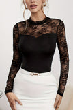 Lace Patchwork Mock Neck Long Sleeve Blouse