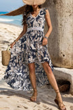 High-Low Printed V-Neck Cap Sleeve Midi Dress