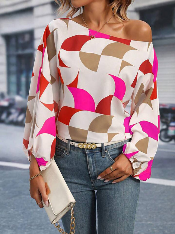 Printed One Shoulder Balloon Sleeve Blouse