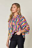 Double Take Full Size Geometric Notched Raglan Sleeve Blouse