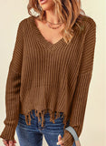 Fringe V-Neck Dropped Shoulder Sweater