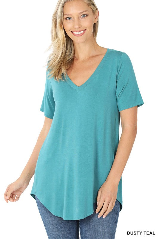 DS LUXE RAYON SHORT SLEEVE V NECK HI LOW HEM TOP