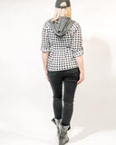 Knit Plaid Button-Down Blouse with Hood