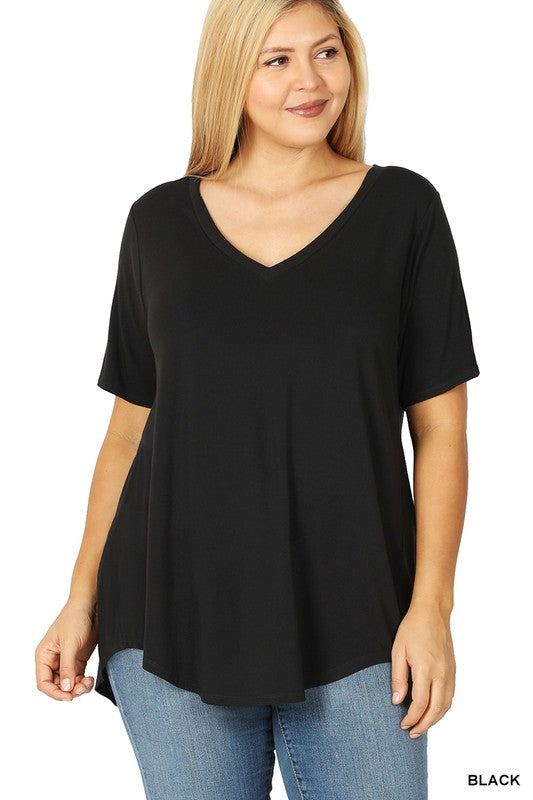 Tier 2 LUXE RAYON SHORT SLEEVE V NECK HI LOW HEM TOP