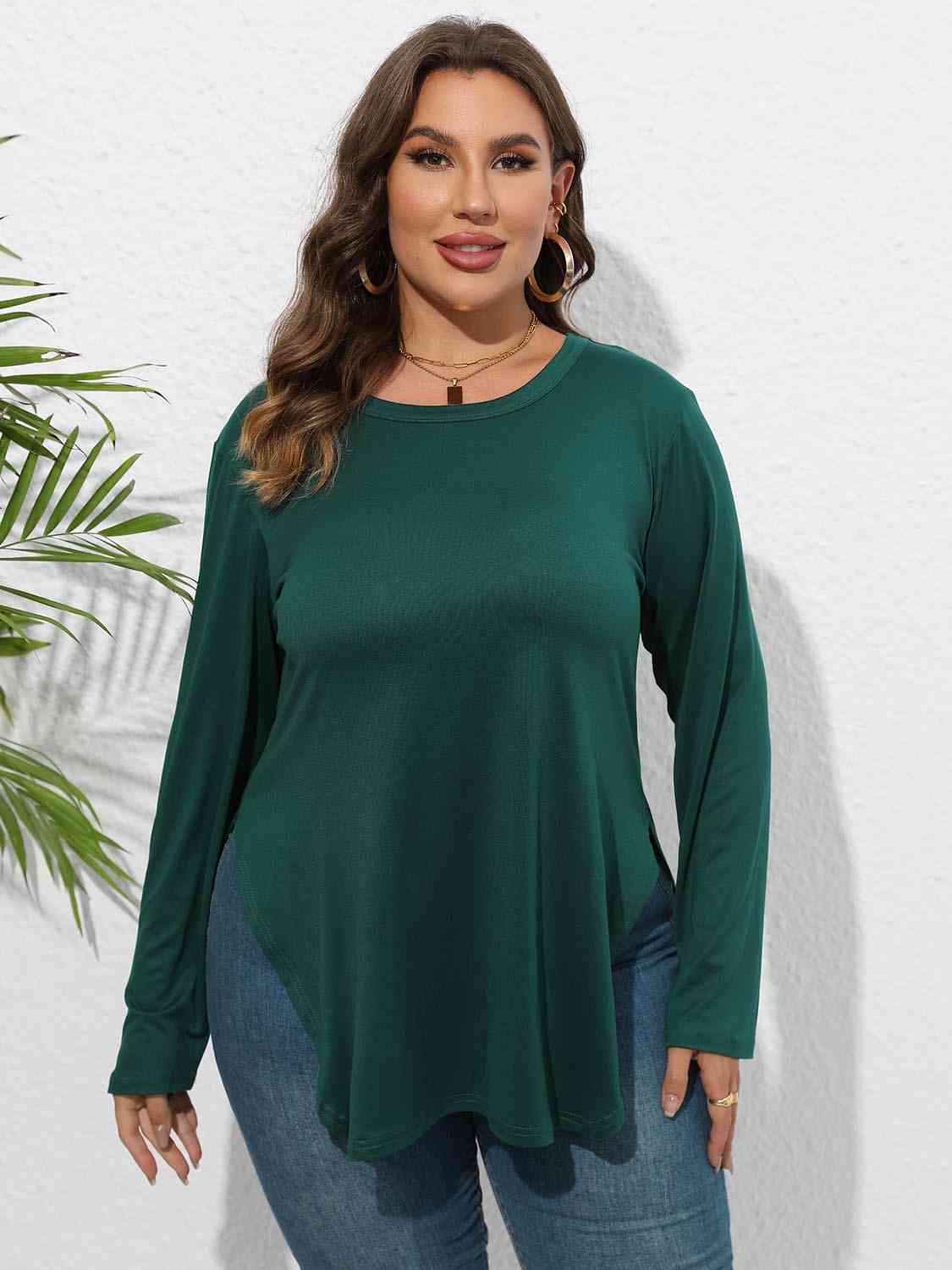 Plus Size Round Neck Long Sleeve Slit T-Shirt – Dakota Chappy