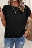 Pocketed Checkered Round Neck Knit Top