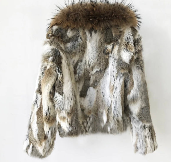 Natural Rabbit fur coat w/raccoon collar