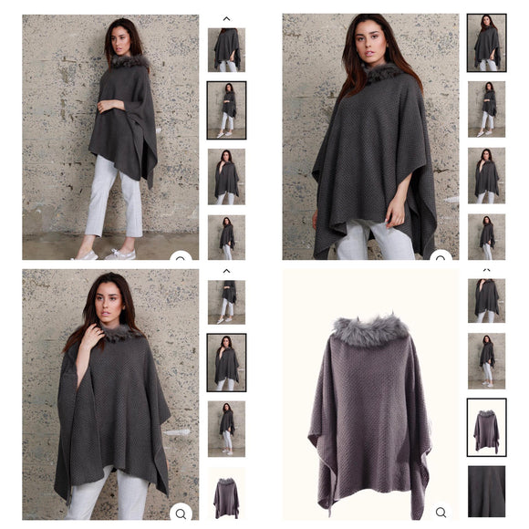 Grey Poncho with Fur Trim