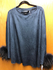 Navy washable suede poncho with fox fur cuffs