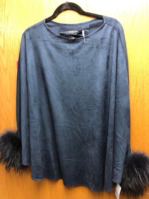 Navy washable suede poncho with fox fur cuffs