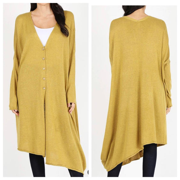 Mustard Gold Extra Long Asymmetrical Button Down Cardigan - One Size