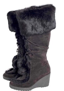 Designer  genuine  Rex rabbit fur lace up wedge boots