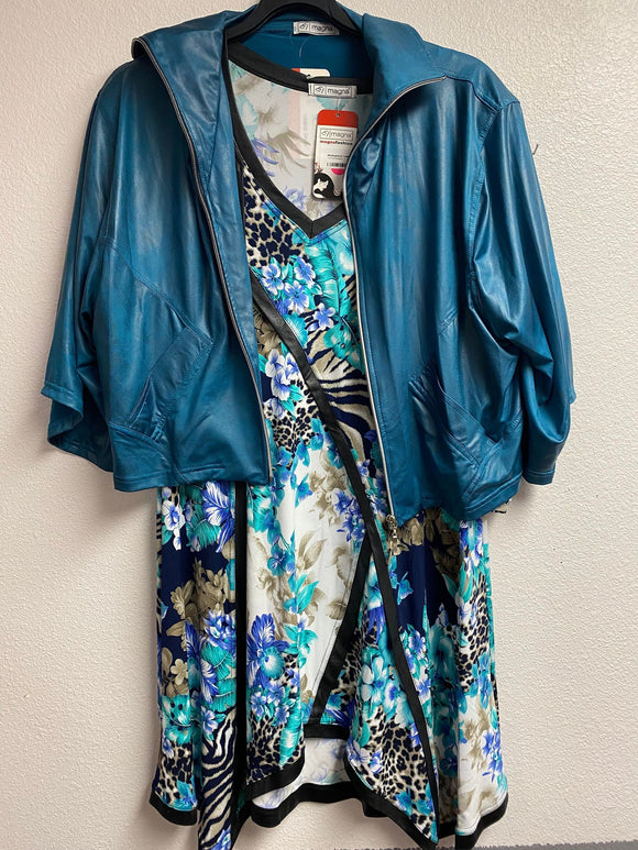 Turquoise crop leatherette jacket set
