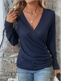 Buttoned Surplice Neck Long Sleeve Top