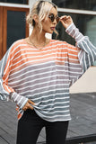 Pocketed Striped Round Neck Batwing Sleeve T-Shirt