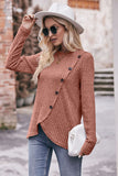 Ribbed Round Neck Buttoned Long Sleeve Tee