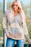 Leopard Color Block Buttoned Drawstring Detail Hoodie