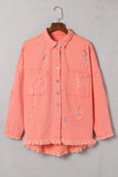 Double Take Distressed Fringe Trim Button Up Jacket