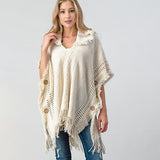 Fringed Crochet Buttoned Hooded Poncho