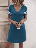 Striped Short Sleeve Decorative Button Dress