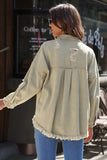 Double Take Distressed Fringe Trim Button Up Jacket