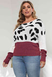 Plus Size Leopard Round Neck Long Sleeve Sweater