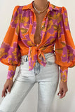 Flower Print Collared Neck Lantern Sleeve Shirt