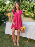 Textured V-Neck Flutter Sleeve Dress