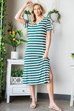 Striped V-Neck Short Sleeve Side Slit Dress
