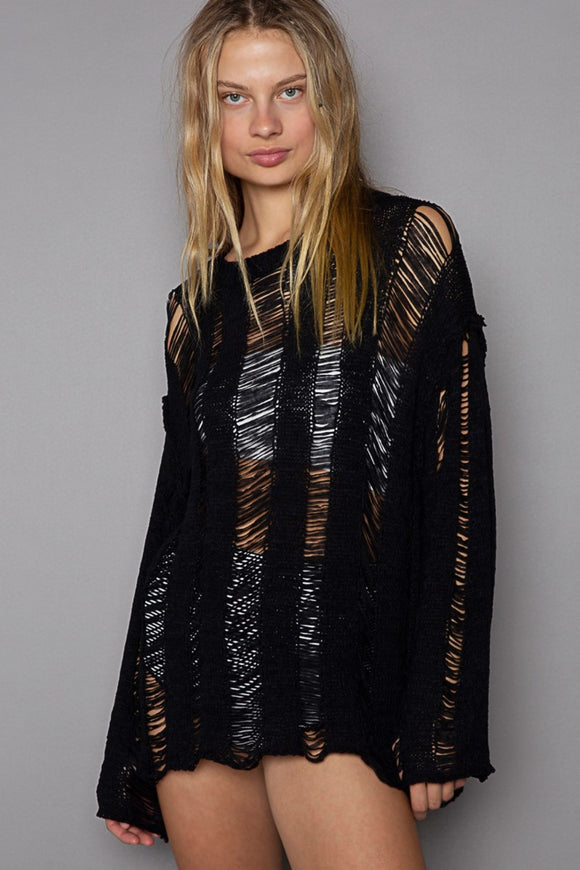 POL Distressed Round Neck Long Sleeve Knit Cover Up