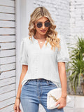 Eyelet Notched Short Sleeve Blouse