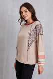 Contrast Stitching Leopard Long Sleeve Blouse