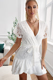 Floral Lace Pompom Detail Tie-Waist Flutter Sleeve Dress