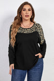 Plus Size Leopard Trim Round Neck Long Sleeve Tee