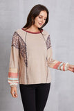 Contrast Stitching Leopard Long Sleeve Blouse