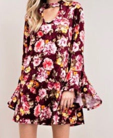 Floral Bell Sleeve Tunic W/ Keyhole Neckline