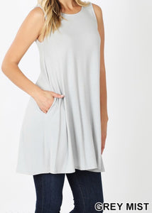 High Scoop Neck Sleeveless Tunic W/Pockets - 8 Colors