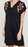 Black Embroidered Shoulder Dress W/Front Lace Up