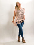 Short Sleeve Crochet Open Knit Top W/Fringe