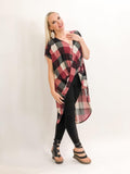 High-Low Plaid Draped Crossover Top